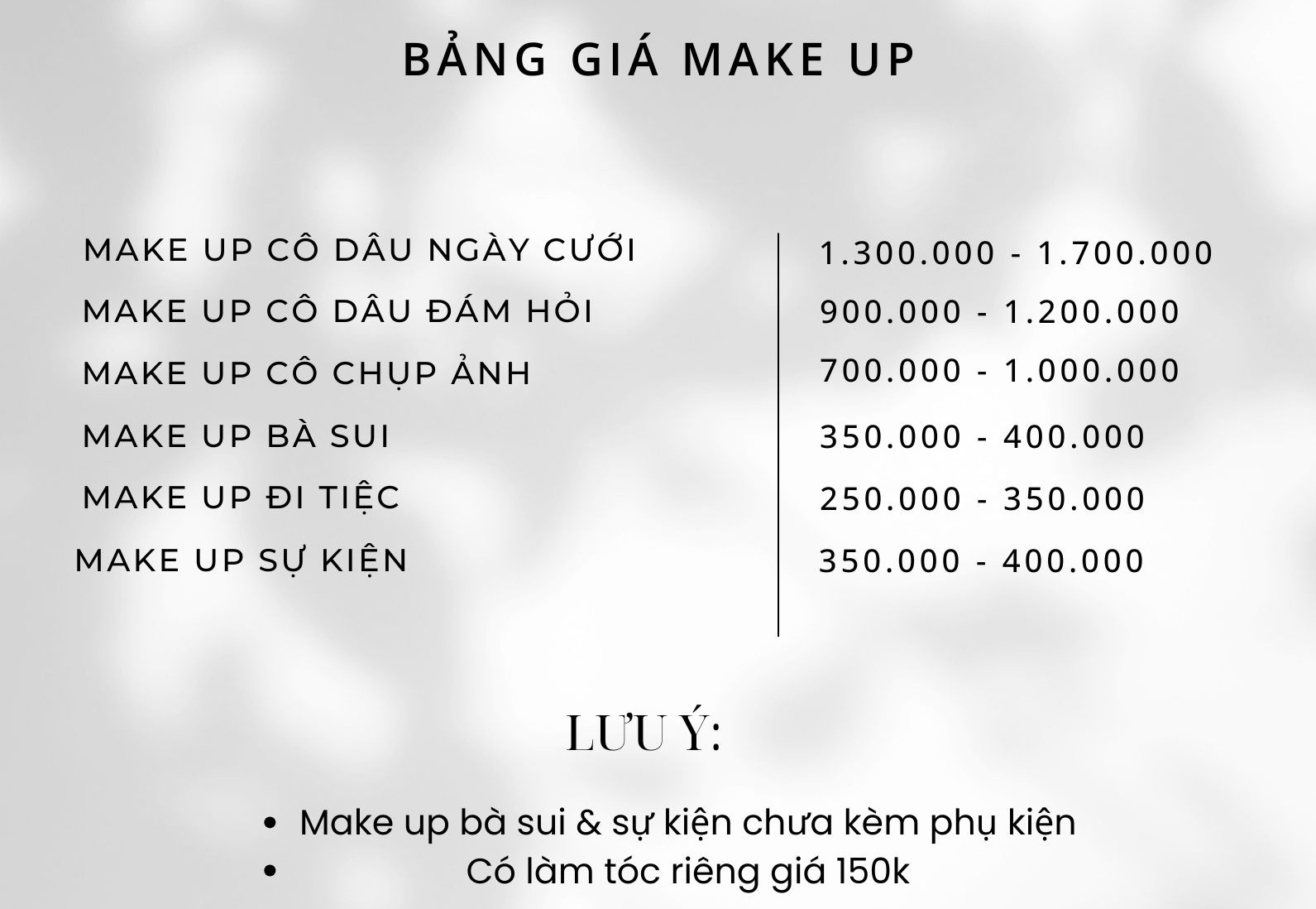 bảng giá make up tận nhà